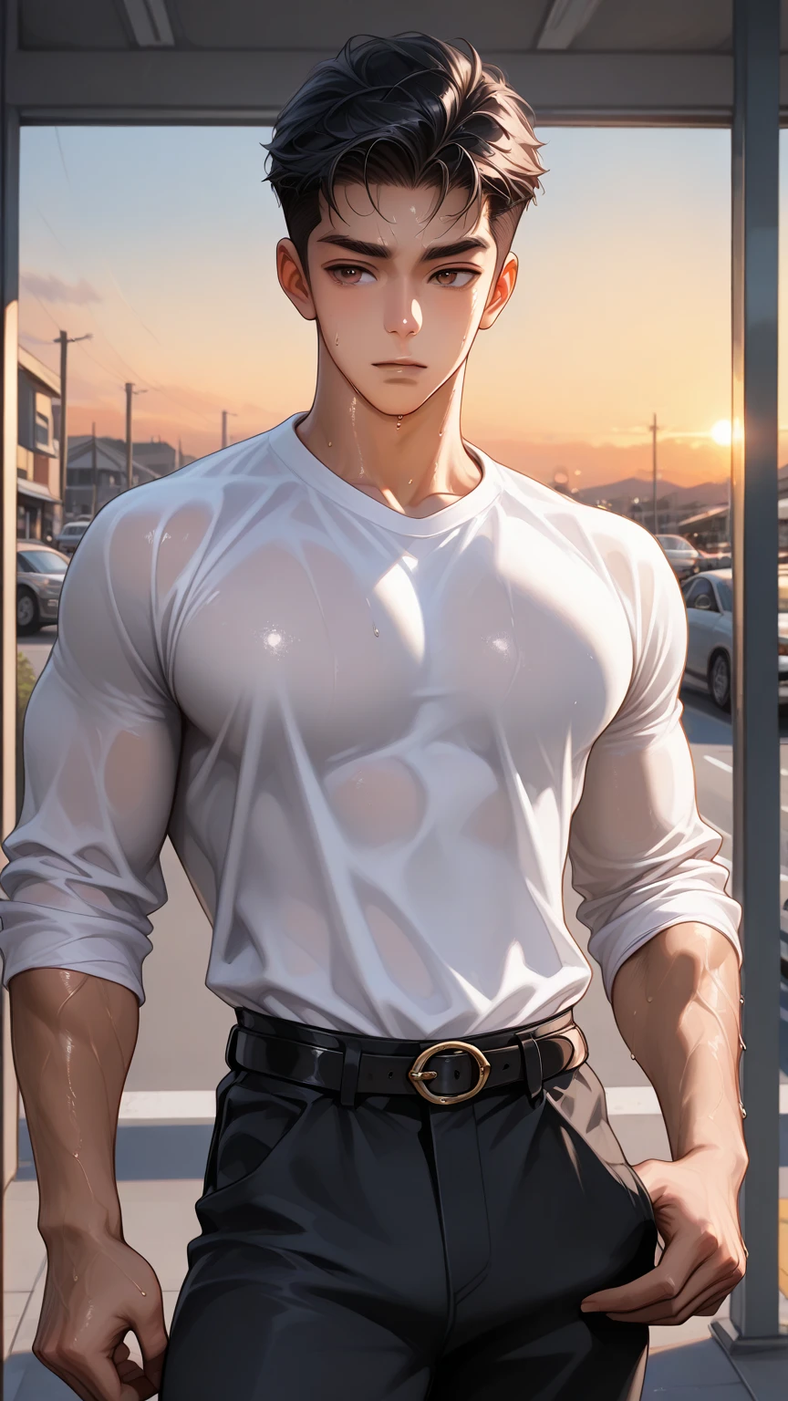 Chico, handsome, semi muscular, whole body, anime, school, going 
