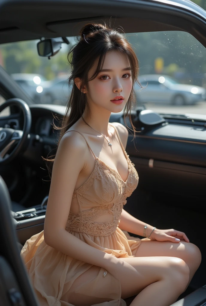full hd 8k, Girl standing in front of a dark night scene, full moonlight reflecting on her beautiful face. Her long, silky hair was gently blown by the night wind, creating a gentle and romantic feeling. Next to her is a large displacement motorbike, showing her success and class. She looked up at the starry sky, as if searching for something, her eyes showing thoughtfulness and loneliness. The full moon shines in the night sky creating a beautiful scene. The girl has long, silky hair, creating a luxurious and noble beauty. The moonlight shines on the girl's delicate face, highlighting her large, round light brown eyes, creating a natural, gentle beauty. She wore a shirt and short jeans, showing off her seductive and luxurious beauty. Her plumble breasts were exposed, revealing her plumble and extremely sexy breasts. These images capture detailed panoramic portraits and views of the sky and motorcycles. All create a beautiful, wonderful picture that makes people unable to take their eyes off the scene. All of these details are depicted clearly and sharply,