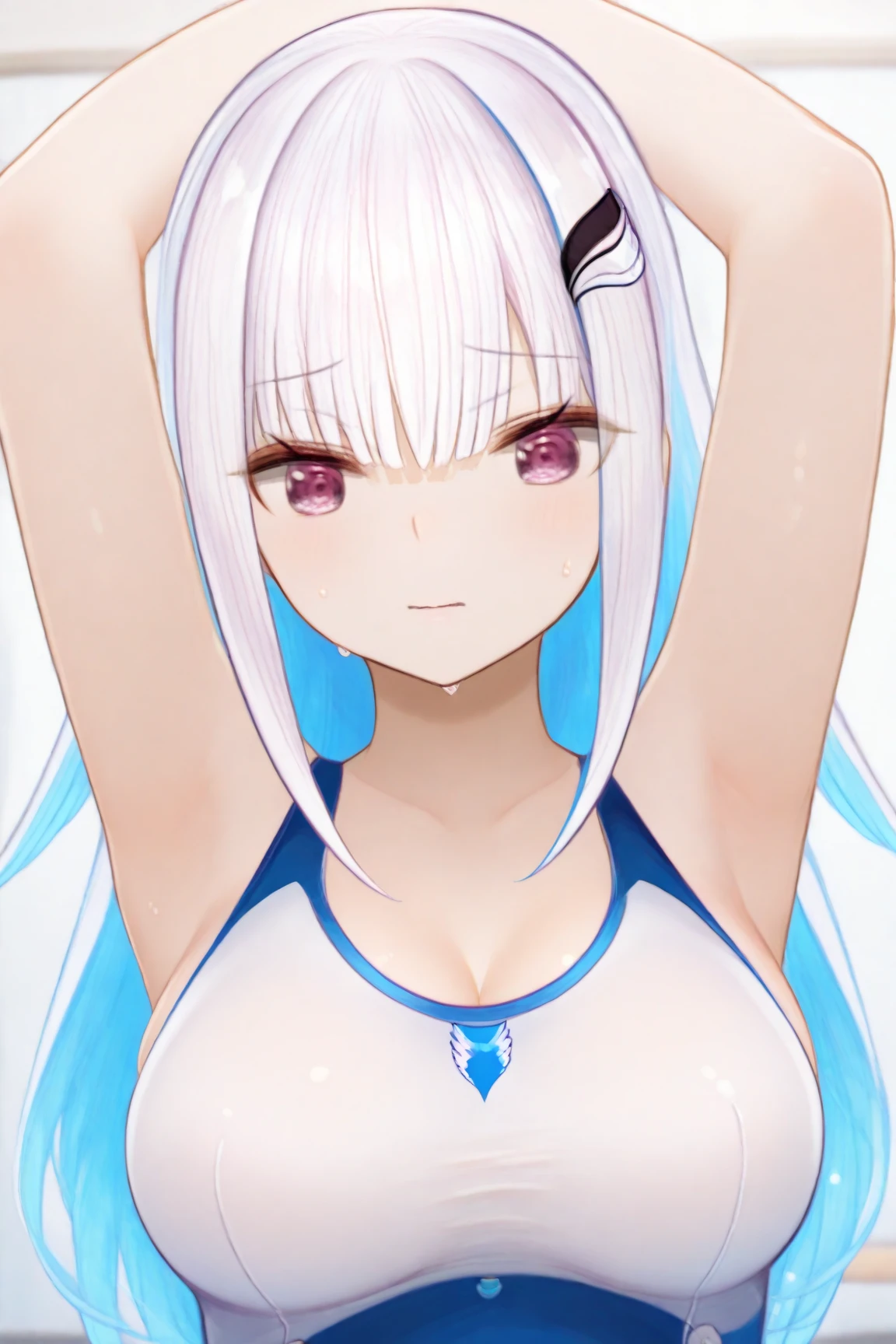 1girl,heart-shaped pupils,fingernails,hands on own face,white hair,purple eyes,(blush:1.1),choker,upper body,trembling,sweat,sweatdrop,heart,(speed lines:1.1),medium breasts, ((heavy breathing:1.3)), love, heart, crop top, happy, smile