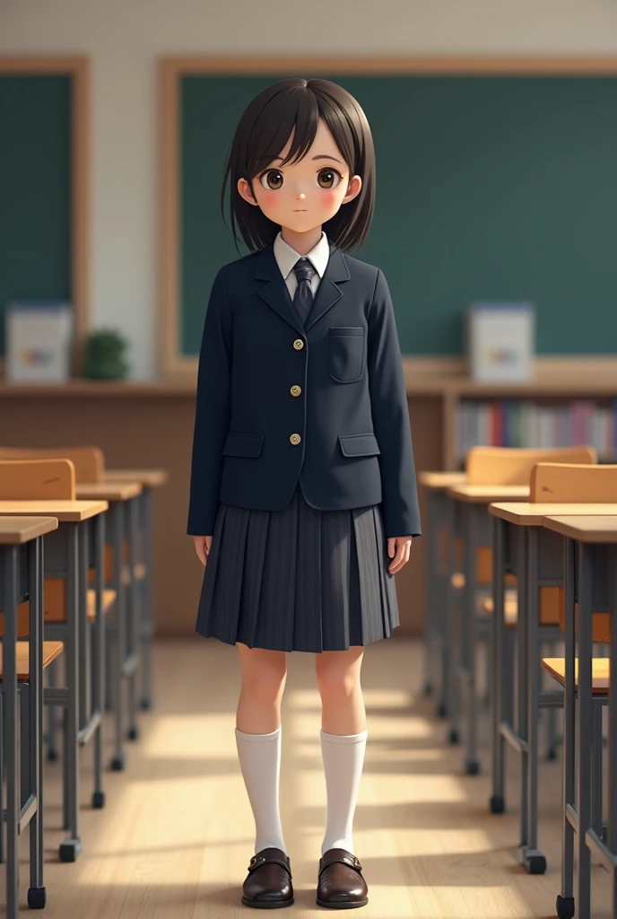 A young girl standing in classroom, wearing white trousers ,white shoes ,red pullover, identity card , looking left side