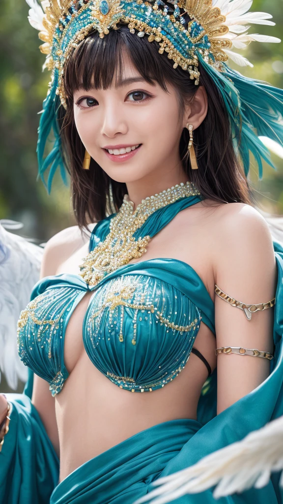 beautiful Brazilian woman、black hair、Toothy Smile、Blue peacock crown、huge breasts、sexy body、Blue peacock feather、Blue micro bikini、Blue knee-high boots、Crowded with many spectators、at Rio's Samba Carnival