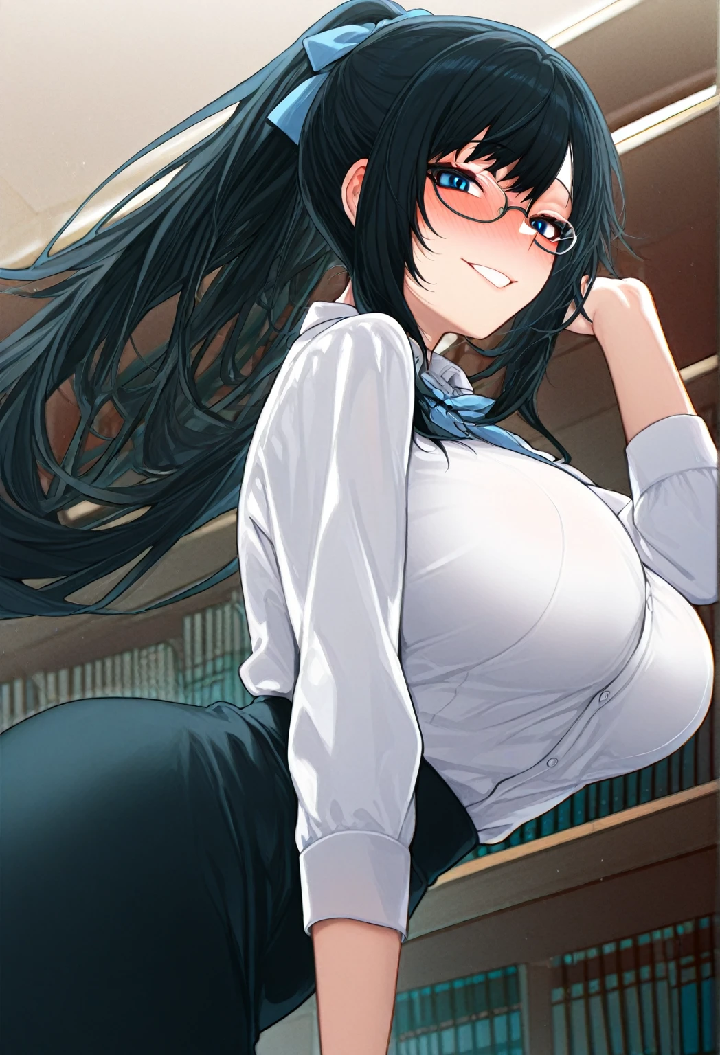 mature women,milf,large breast,beautiful face,long hair, shiny hair, blue eyes,high detailed,black hair, hair over one eye,masterpiece,cowboy shot,perfect anatomy,dynamic pose,cleaveage,shirt with stripes,black skirt,looking at you,glasses,sitting,red lips,