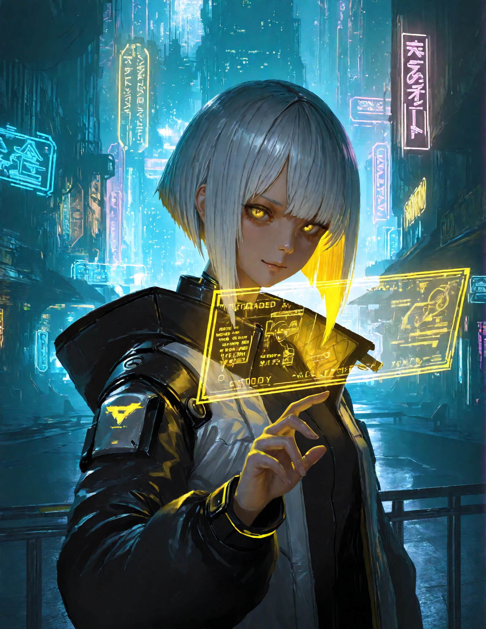cyberpunk alley, beautiful woman, White hair, mysterious, secret investigator, cyberpunk gabardina, black hole bard, cinematographic, 4k, Steven Spielberg&#39;s epic film, sharp focus, Emitting diodes, smoke, Artillery, sparks, Behind the Scenes, system unit, Motherboard, por Pascal Blanche Rutkowski Repin Artstation, Hyperrealistic painting Detailed character design concept art Matte painting, Blade Runner with 4k resolution
