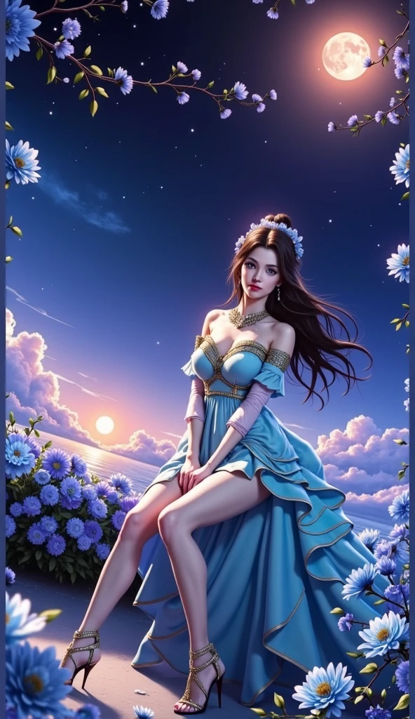 ((best quality)), ((masterpiece)), (detailed)), ethereal beauty, (fantasy illustration: 1.3), happy smile, enchanting gaze, captivating pose, straight brown hair, fabulously gorgeous blue dress showing off her shoulders , otherworldly charm, mystical sky, (Luis Royo:1.2), moonlit night, soft colors, (detailed clouds:1.3), (high resolution:1.2)