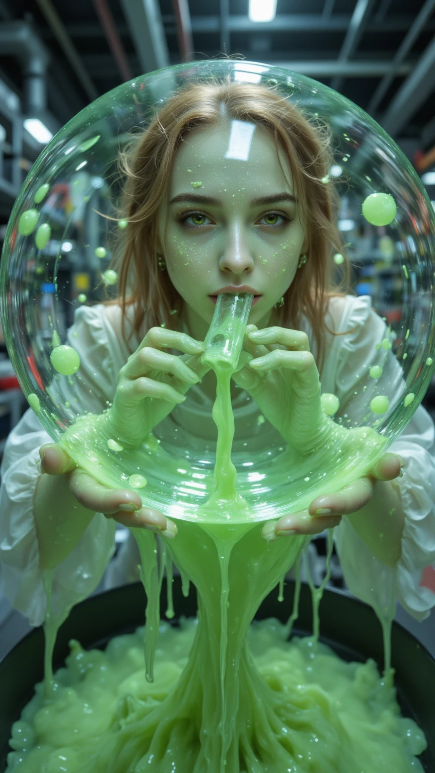 a woman scientist in an enamel rubber dress, a mutated girl in a green liquid-filled capsule, slime monster researcher, the girl's eyes and the researcher's eyes glowing green, full-size capsule, multiple people