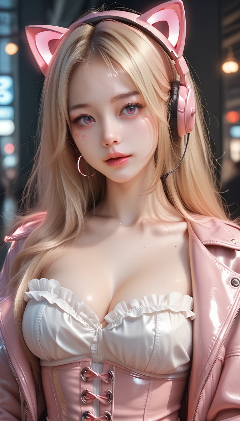 ((Highest quality、8k、masterpiece:1.3))、((Photorealistic、Perfect body line:1.4))、((28-year-old super beautiful woman、One woman only:1.4))、((Highly detailed face, skin texture and beautiful eyes、Highlight of light-colored eyes、Light shines in the eyes:1.4))、((She has a well-proportioned body like a gravure idol and big breasts.、Super long brown hair that is almost blonde:1.5))、((Colorful neon long parka、Leather bra、Gaming headphones、He has two pink pistols in a holster on his hip.:1.3))、((Super beautiful, translucent skin:1.3))、((Gal makeup:1.3))、((Neon city at night、Face clearly visible:1.3))