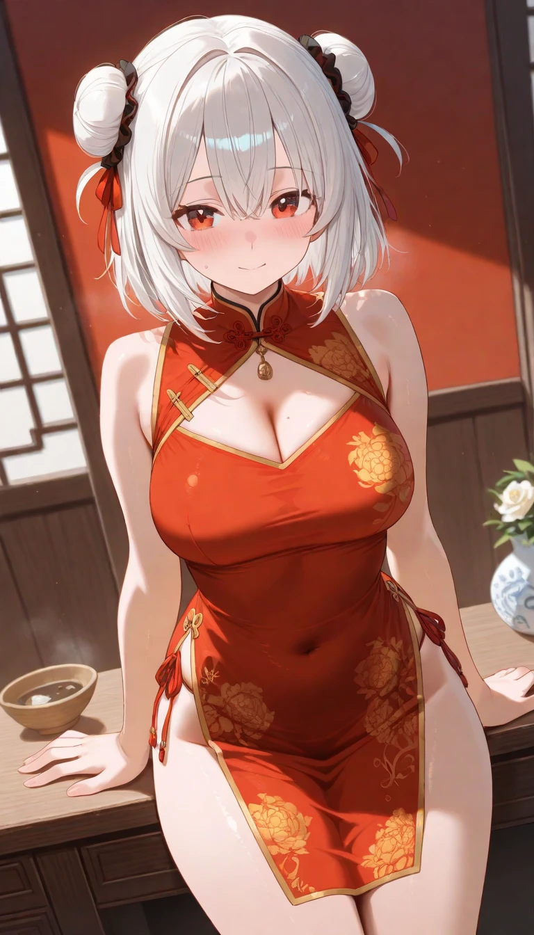 realistic image, coherent image, detailed image, 1 beautiful girl. She has silver hair, long hair, tied up in pigtails. Silver eyes, long eyelashes. Her face is oval and delicate. Smiling. She wears a red Cheongsam, side slits. She has a curvy body, big breasts and thick thighs. Chinese temple, flower petals falling around. ambient light, volumetric light,