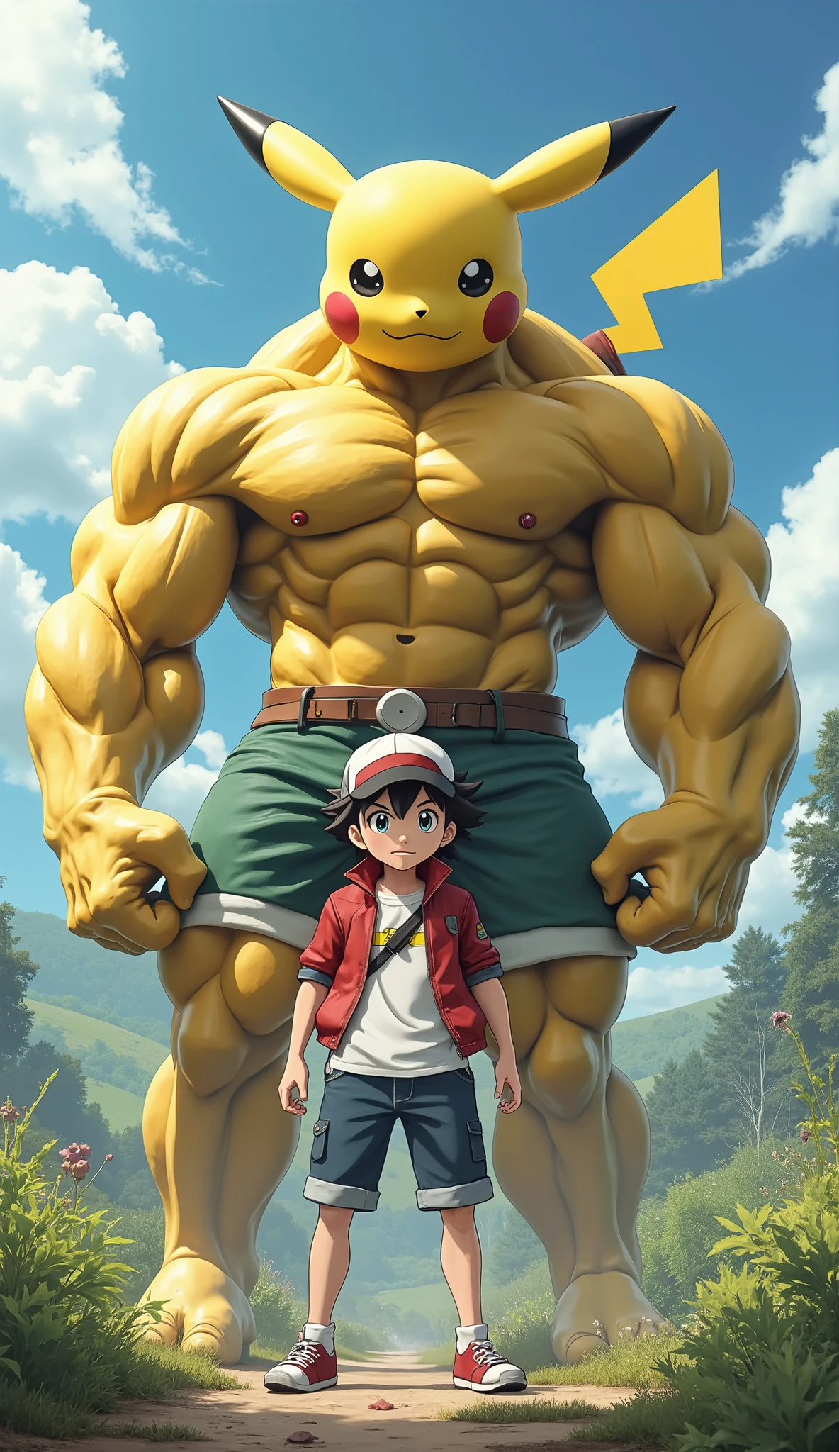 Make a realistic pokemon character ash and pikachu, ash on the front while pikachu is muscular and giant on his back, make also ash muscular