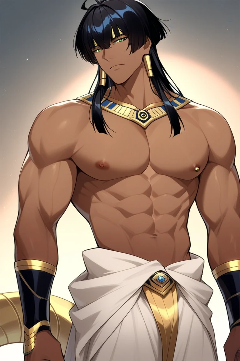 score_9, score_8_up, score_7_up, rating_explicit, source_anime, male focus, man, Egyptian, Egyptian makeup, handsome man, toned, big ass, front view, low angle
