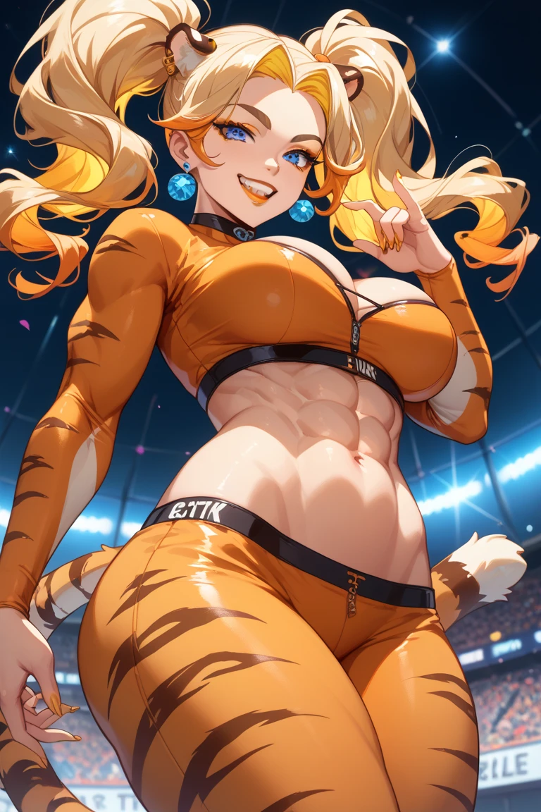 master-piece,hyper quality, hyper detailed,perfect drawing,1 beautiful girl, tiger print bikini, tiger ears, tiger tail, tiger palm, tiger paws, tiger fingers, sharp claws, sharp fangs, hunter's eyes aiming at prey, black and blonde mesh, sharp eyes, height 177cm, three sizes B95W60H90, kneeling, pow pause