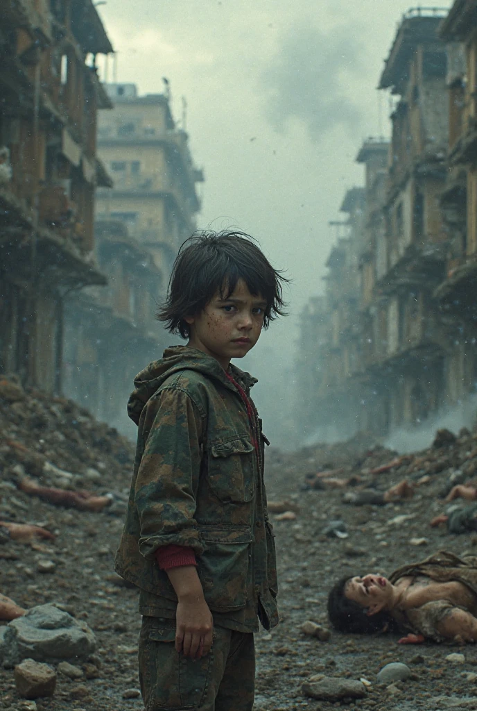a Palestinian boy in worn, dirty clothing, holding a faded toy in one hand and bearing a bloody hand, dead ." messy, palestinien, curly hair, Dusty face and cloth,(( A destroyed city in the background, feu, cadavre humain sur le sol, certaines personnes pleurent, Destroyed building)), hyper detailed, Couleur dynamique, nuance noire et grise, Super Emotional Image, against a dark and haunting backdrop and surrounded by swirling black smoke.