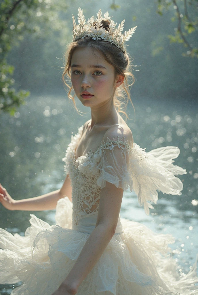 in Arafard's image wearing a white dress,There is a flower on it, a stunning young ethereal figure, endless flowing ethereal drapery, Ethereal beauty, Zhang Jingna, Incredibly ethereal, yanjun cheng, ethereal wings, of an beautiful angel girl, author:Yu Zheding, inspired by Frieke Janssens,