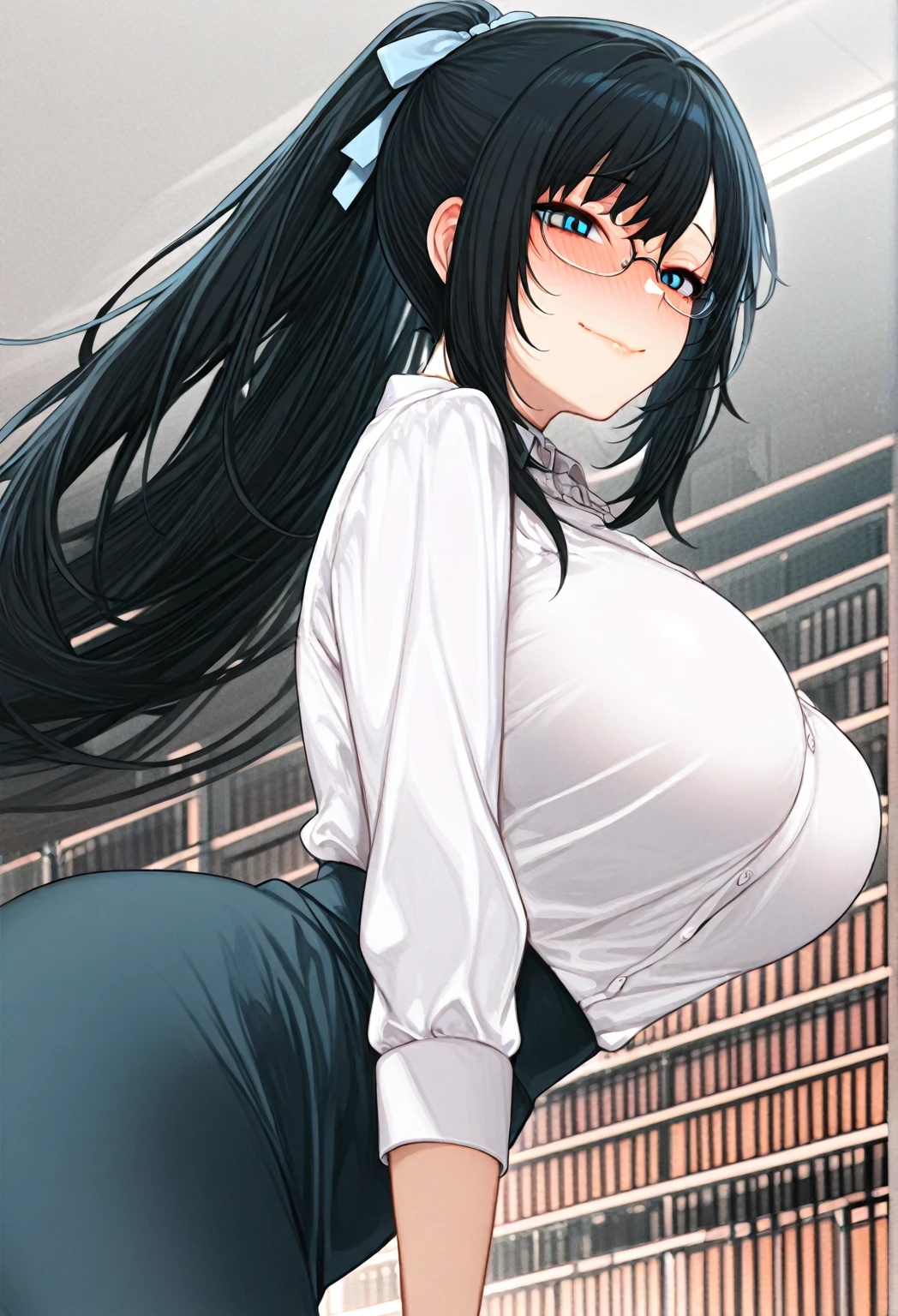 2heads, a short chubby woman with 2 heads. She has gigantic breasts. She looks very nerdy. She has frizzy hair. She is wearing a schoolgirl outfit. Her enormous breasts are nearly causing the outfit to rip. She is embarrassed. Her breasts are massive.