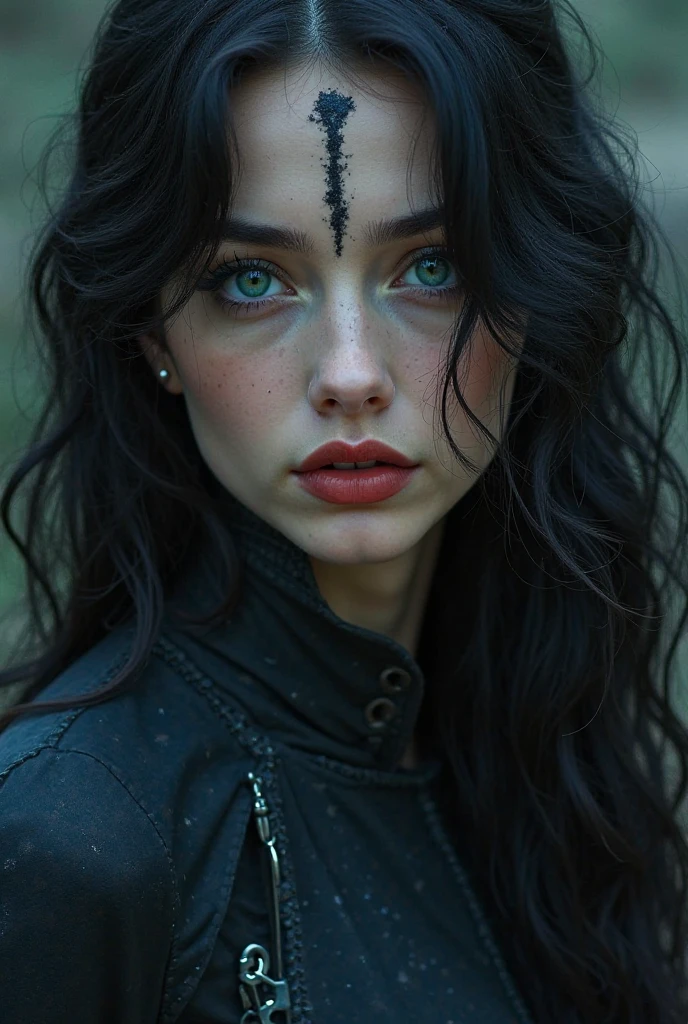 A woman young, with black, slightly wavy hair, half tanned skin, intense green eyes the shade of the killing curse with flashes of red, a mischievous smile on the mouth. His features would be a mix of Harry Potter and Tom Riddle when he was young.. She is standing in front of a landscape of a ruined city