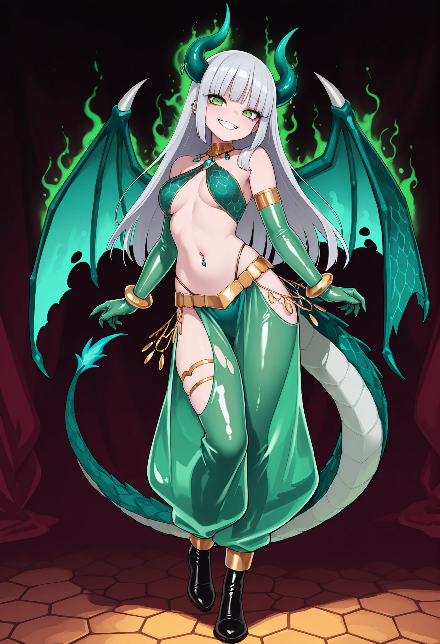 1girl, dragon girl, scales, dragon horns, dragon tail, dragon wings, full body, smile,, masterpiece, best quality, masterpiece,