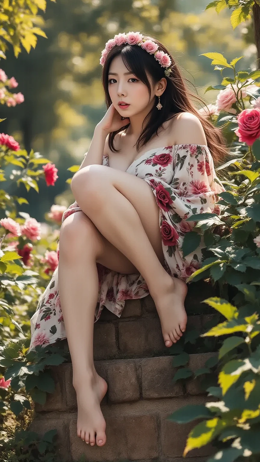 Alta calidad, realista, primer plano de dos pies femeninos, bonitos, solo pies, Fetiche de pies, pies sensuales, rose petals on the ground. Pies de cinco dedos