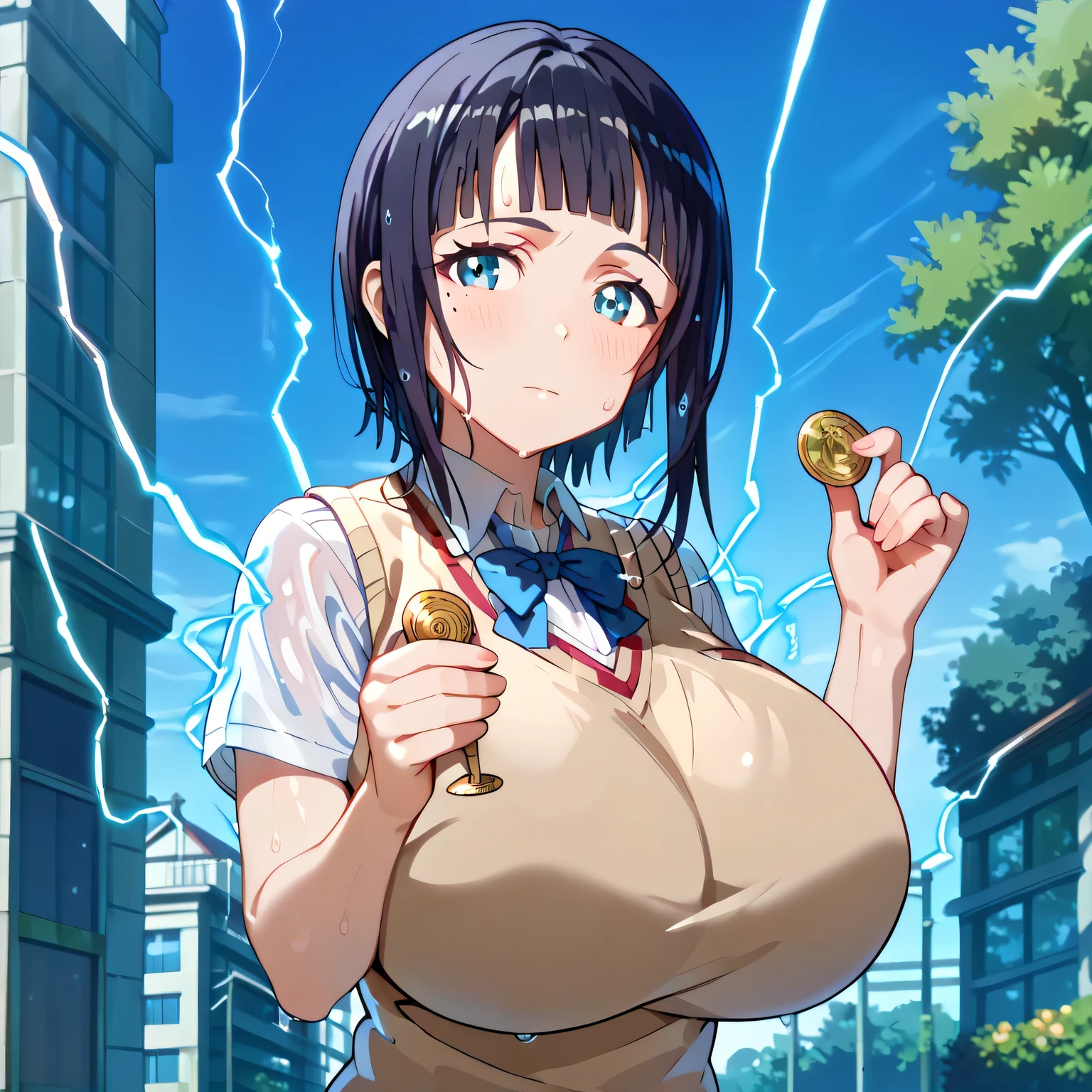 (UHD, retina, masterpiece, accurate, anatomically correct, super detail, high details, highres, 1080P, 16k:1.3)、 (sachi:1.hort hair, blue eyes, dark hair, mole, mole under eye, bangs, blunt bangs、(very gigantic breasts:1.hiny skin、oily body、a lot of sweat、very wet skin、body blush、wet:1.3)、(tokiwadai school uniform,sweater vest,school uniform:1.5)、(coin, holding coin, facing viewer, looking at the viewer, electricity, electrokinesis:1.3)
