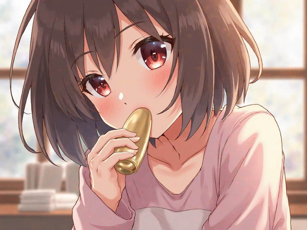 、Naked、、大きなHolding a dick、Covered in semen,girl,Bob Hair,Brown Hair,Small breasts,(small sparkly earrings),Naked、Blowjob、Holding a dick、