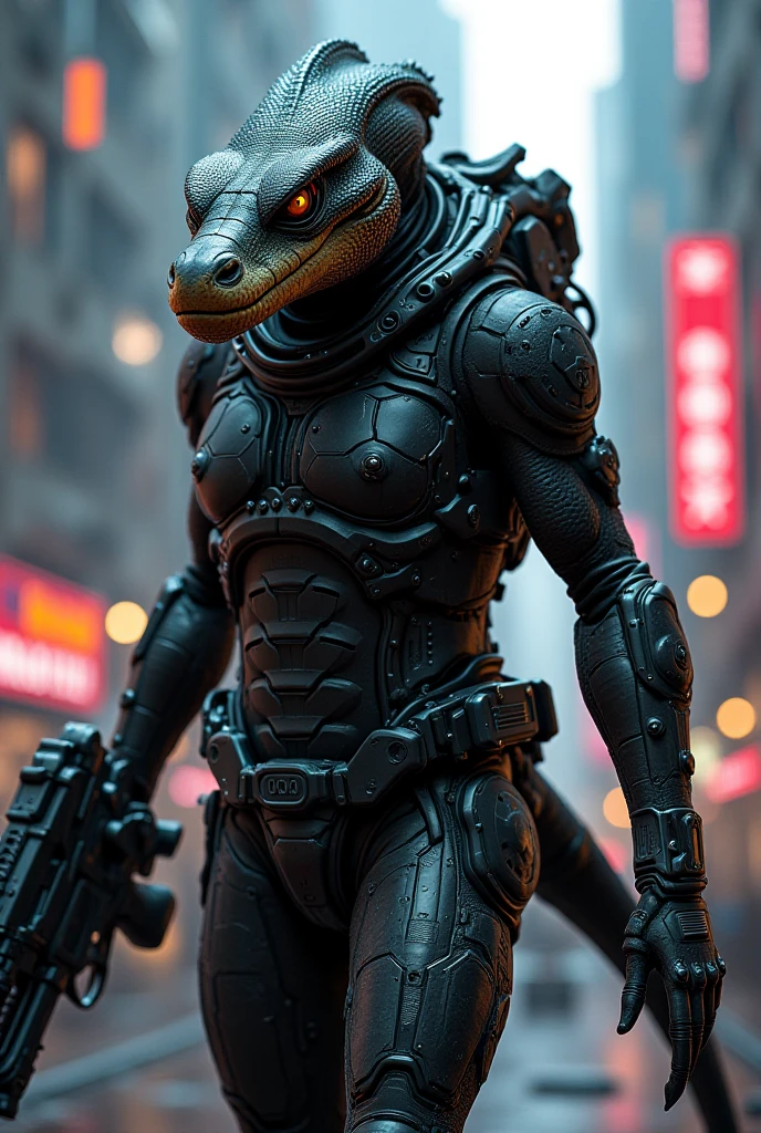 Strong black-scaled reptilian, wears simple silver armor on one side of the body. And He walks across a metal platform in a space base environment
