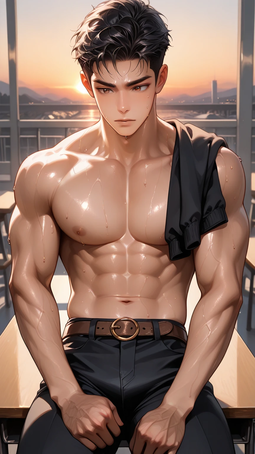 Koyujiro, Red-haired man, Stand in the gym, Cringe decorated with devilish image. His muscular superiority and clear definition, is the focus of his high-intensity training. His red hair is wild and unruly, His white thong clings to his body. light reflects from behind him, Highlight the intricate details of the tattoo. as his strength increases,His bottom waves ripple and soothe, His strength and thought are evident in his posture.