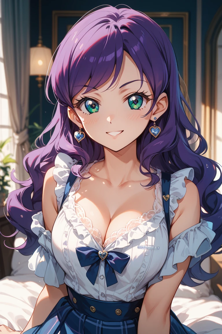 nozomitoujou, nozomi toujou, green eyes, Purple hair, curly hair, large breasts, masterpiece, best quality, high resolution, beautiful detailed eyes, extremely detailed face, good lighting, detailed CG, messy hair, garden, light smile, v-neck wedding dress, necklace, jewelry, earring