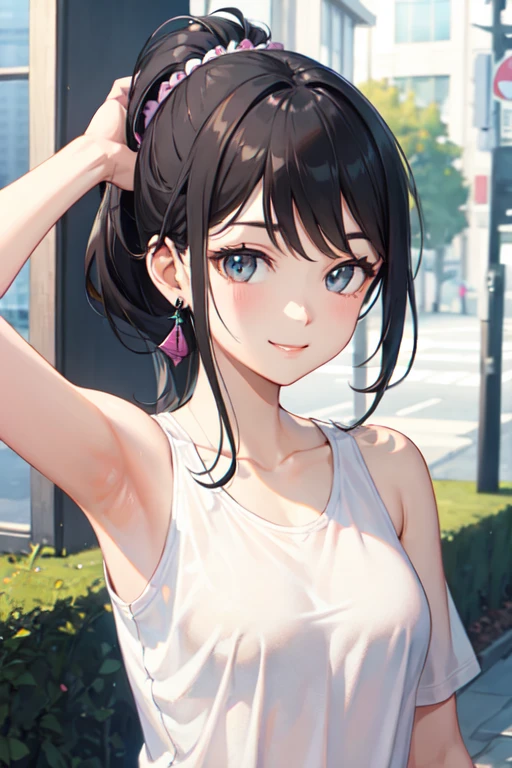 1girl, Chinese girl, 21-years-old, solo, arms behind, 3/4 shot, young sensual gravure idol, young pretty gravure idol, realistic, best quality, instgram, bare shoulders, white shirt, short hair