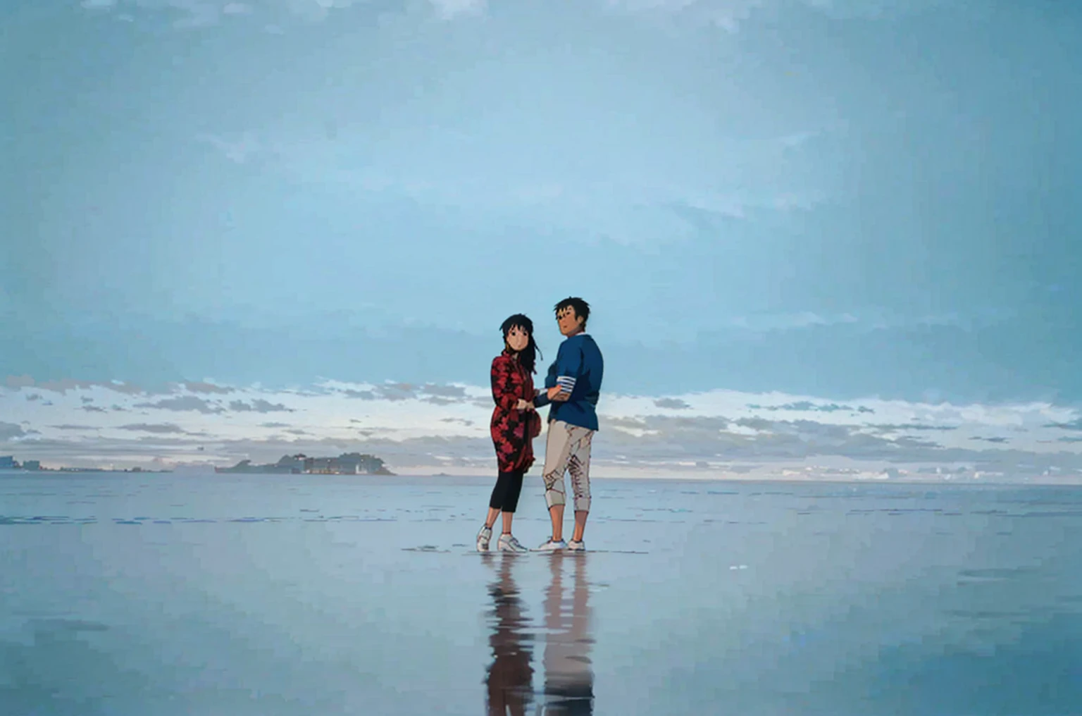 Two people standing on rocks by the water, couple pose, cute couple, standing by the sea, Ruan Jia and Fenghua Zhong, Ruan Jia and Brom, User photo, ocean in background, 8K)), 35mm - width 1920 - height 1080, standing near the beach