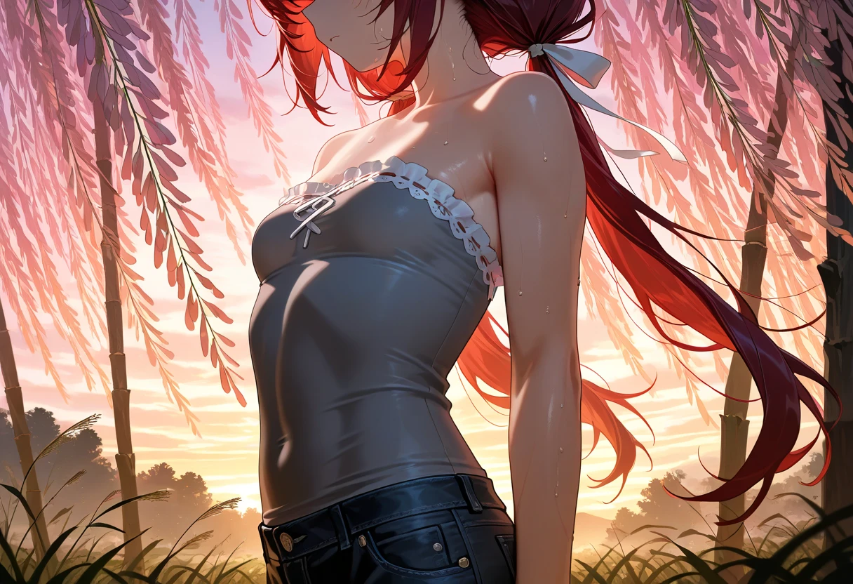 ((best quality)), ((masterpiece)), (detailed), perfect face, cute wolf girl, about 18 years old. Looks kind, blushed with red cheeks, red hair, short in height, Standing in a field in a japanese countryside her back is tuned to the viwer and we can see her back and butt and allmost the panties. whereing a reveling sundress