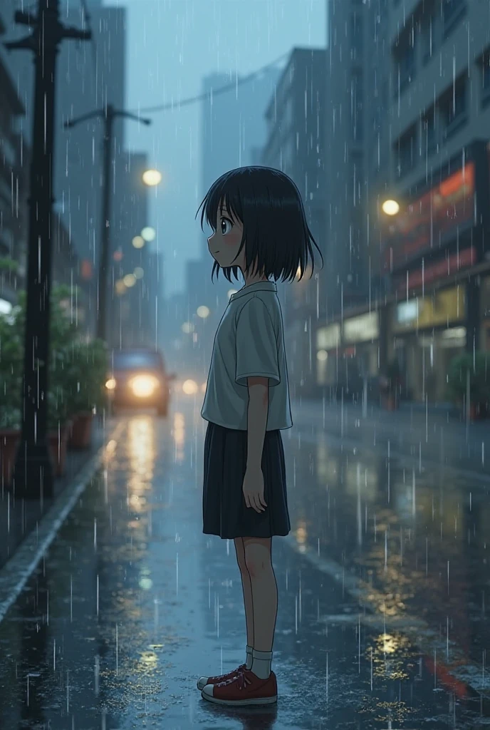 create a full-body image of an anime girl standing in the rain, wearing glasses, and in a love scene.