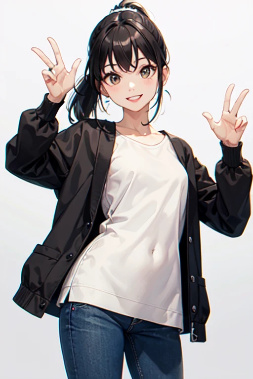outdoors,solo,city street,EPinKagome,black hair,brown eyes,long hair,hoodie,sweatpants,v,midriff peek,happy <lora:EPinKagumeSDXL:0.7>