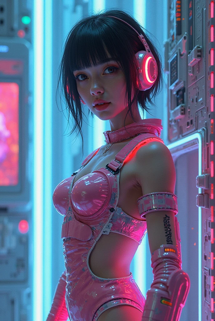 A photo of a young pretty, nerdy woman sitting in a cafe, wearing a white shirt and a bow, surrounded by a cozy lofi atmosphere, looking at the viewer. Short Pink Hair, Stunning Glow Lite Blue Eyes, Amazing beautiful shining hitech astropunk helmet with a big faceshield like an ultimate astronaut, cinematic lut colors, stunning masterpiece of photography, Traditional Cyberbodies, Realistic,DERPD, Science-Fiction, serie-b movie scene. blacklights fluorescent colors, neon-noir ascents, contrasting lsd colors, blue theme