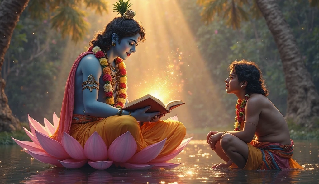 Lard Krishna explain Geetha to a girl 1 wearing t shirt and she is name Revathi clearly visible on the t shirt back side , sitting in front of Lard Sri Krishna and Sri Krishna has book on his hand