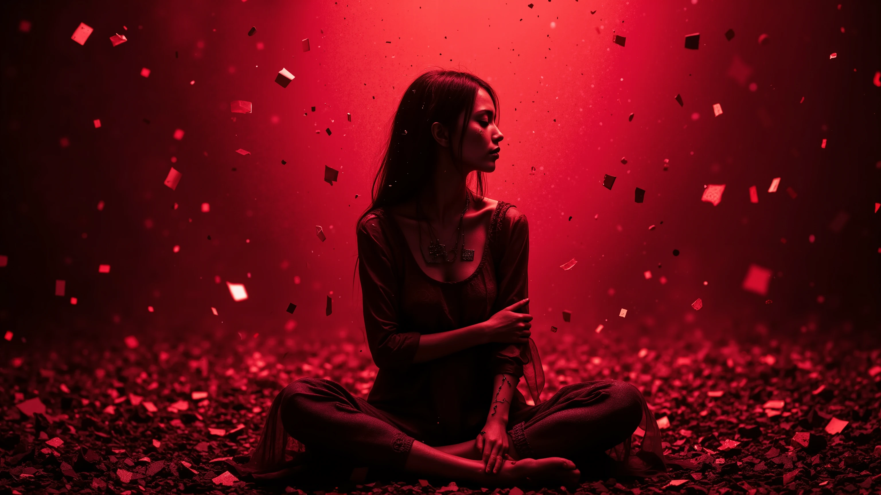 a pale android girl sitting alone in an infinite crimson and black void, surrounded by gently falling glitch particles like burning embers, her eyes closed, wires from her back vanishing into the red-hued darkness, holding a cracked memory chip close to her chest, remnants of a broken love song floating as faint blood-red notes, color palette of deep crimson, obsidian black, and soft maroon glow, ambient low lighting, extreme silence visualized through suspended ash and still shadows, close-up profile angle, cinematic and tragic atmosphere, inspired by dark surreal romanticism and ambient horror
