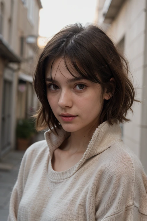 Short hair and white cotton summer dress.,, short hair, short hair with bangs, young girl with a cute face, Portrait of a young girl with a cute beautiful face, French bob, White skin!!, 短い茶色の髪とbig eyes, soft portrait shot 8k, beautiful light、big eyes, Beautiful girl, Young girl with bob haircut, Best Image Quality, masterpiece,Against the background of a city street ,Russian young girl,ultra realistic photo portrait,studio quality ,Emma Myers in her youth,