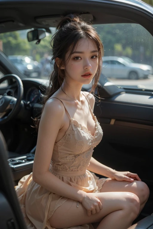 (((best quality))),(((ultra detailed))),(((masterpiece))),illustration,((1 beautiful girl,female driver,solo)),((sitting on the seat)),((in the car)),((slim,thin)),((small breasts,flat chest)),parked,roadside,vibrant,(floral sheer pajama dress:1.3),graceful,(short ponytail:1.2),(slender legs:1.2),((arms behind back,spread legs apart)),delicate,features,eyes,focused,ahead,calm,concentration,classic,convertible,evening,breeze,caress,adjusted,,frame,confident,steering,wheel,delicate,hands,maneuver,control,world,setting,sun,warm,glow,illuminate,sky,canvas,match,road,stretch,explore,possibilities,background,town,life,evening,shops,opening,doors,people,strolling,cool,air,atmosphere,peaceful,serene,contrast,chaos,city,independence,societal,norms,constraints,destiny,embrace,challenges,symbol,strength,resilience,spirit,summer,((from front,upper body))