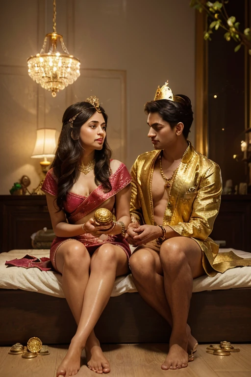 1sexy indian girl,1 handsome boy,girl wearing beautiful ethnic dress,gold earring,gold braclet,golden haar,beautiful long black hair,boy wearing pant kameez,boy standing on girl back and his hand hold her waist, beautiful face,attractive red lips,attractive big breast,elegant pose,full body image,8k resolution,realistic,photostudio background