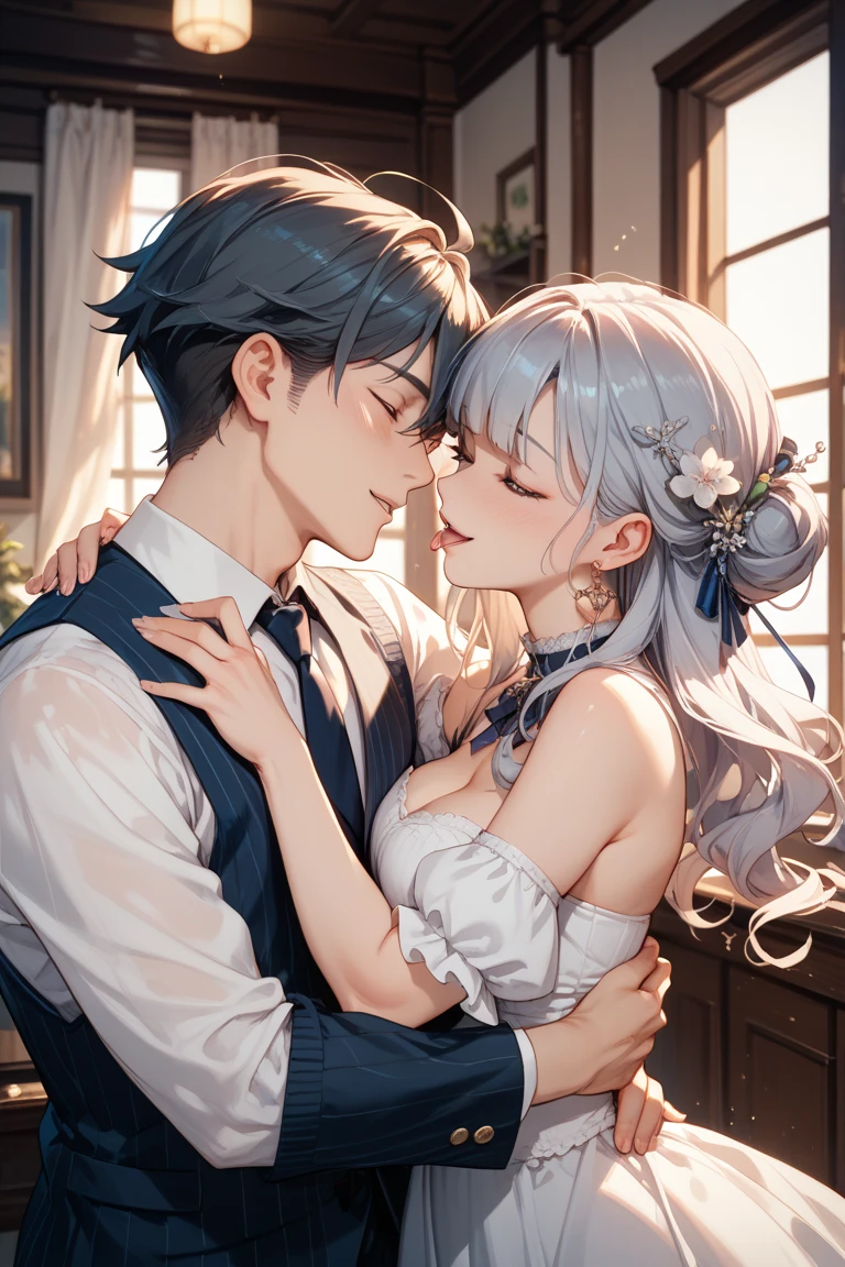 beautiful girl, long grey hair, beautiful face,smiling,close up to hips, beautiful breast, illustration,detailed textures(realists),ultra-detailed,portrait style,vivid colors,soft lighting, blushing, mature, hair fluttering, evening light , head band, ((half body)), wearing simple shirts , cleavage, ((side profile until hips)), very shy, Couple, wedding style, Wedding dress, White Tuxedo, love confession, heart, pink, magic, kissing,