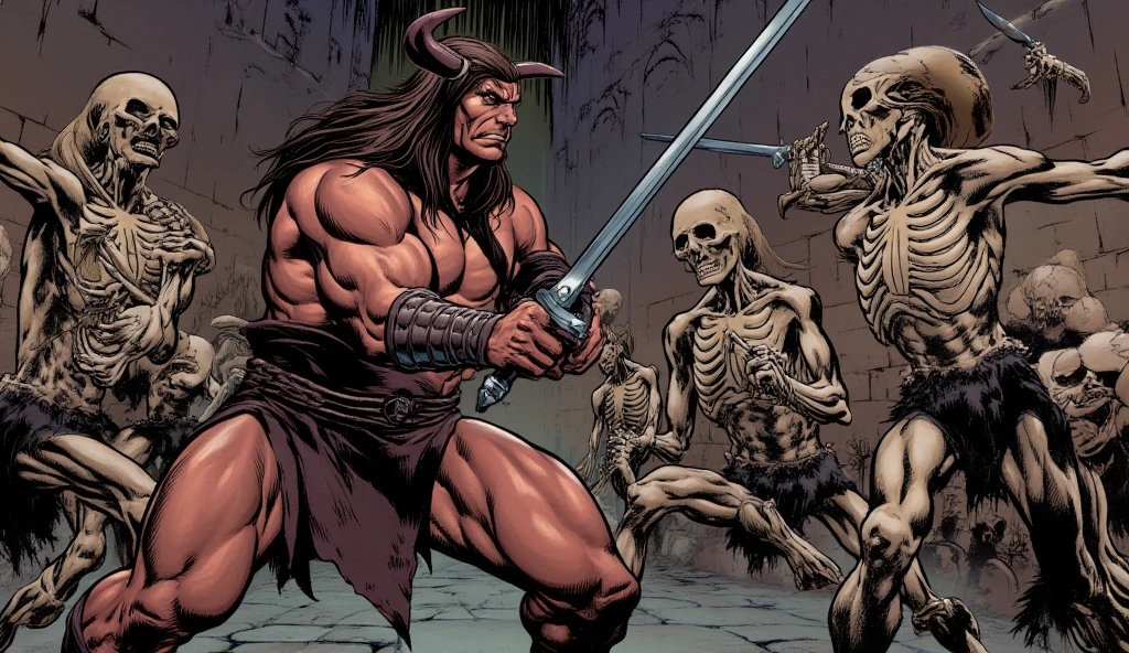 <lora:kenkelly:1> kenkelly art man with a sword by a pile of skulls