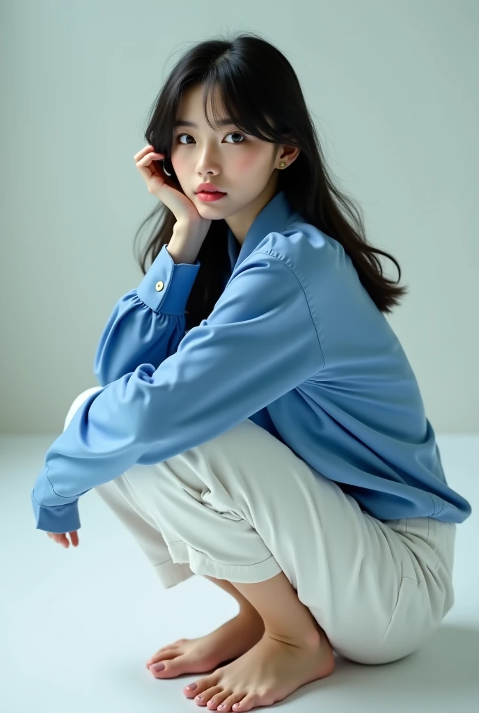 20 year old girl, blue long sleeve-shirt, short skirt, long hair, high contrast (Natural skin texture, Hyperrealism, Soft Light, sharp), portrait, standing, korean