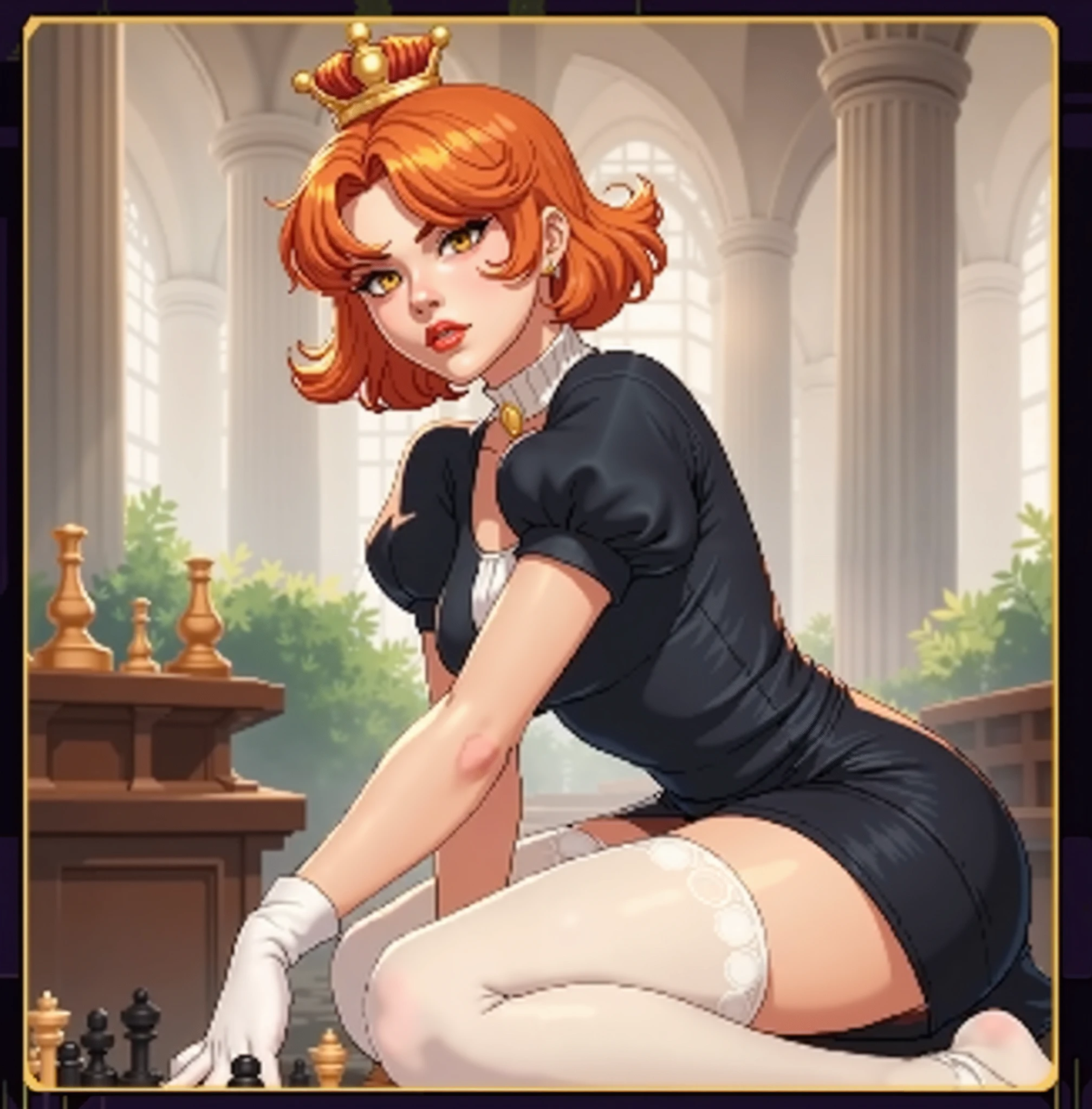 a picture of a woman winning chess game, a beautiful woman ((full body shot: 1.5)), ((anatomically correct: 1.5)) (ultra detailed face: 1.4), dynamic skin complexion, dynamic hair style, dynamic hair color, winning a chess game at chess tournament, she is dressed in elegant dress, intricate dress, dynamic color dress, dynamic style dress, wearing high heels, a look of satisfaction, a look of victory, a look of overcoming great obstacle, chess tournament background,  vibrant, Ultra-high resolution, High Contrast, (masterpiece:1.5), highest quality, Best aesthetics), best details, best quality, highres, 16k, [ultra detailed], masterpiece, best quality, (extremely detailed), Cinematic Hollywood Film style