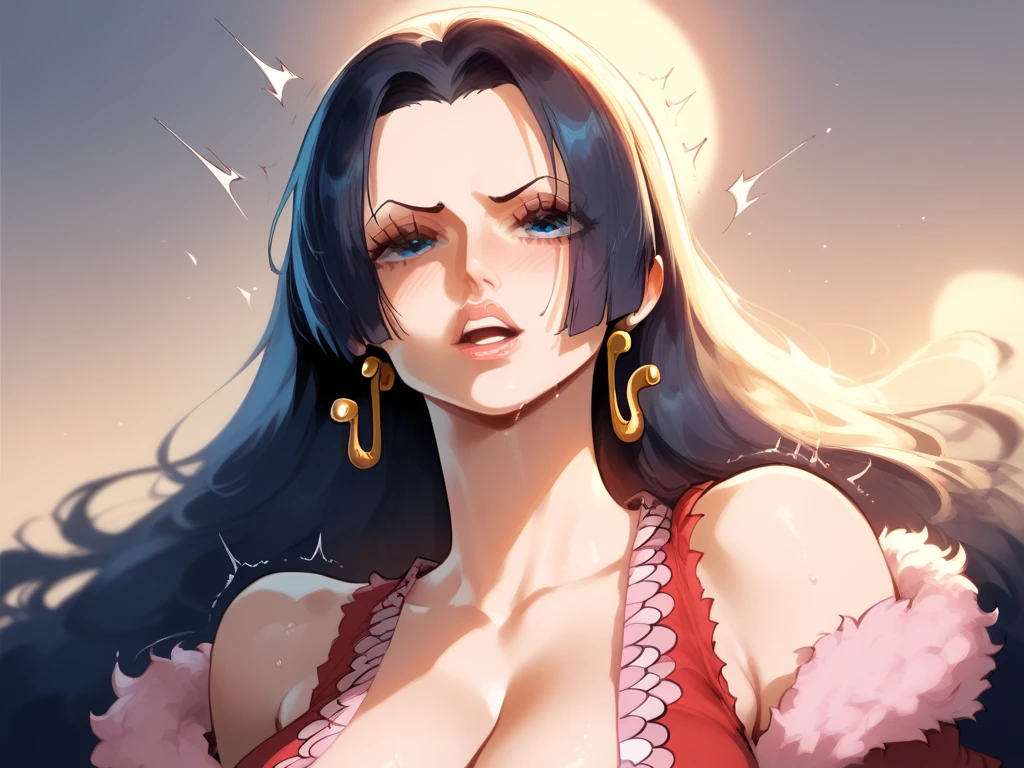 1girl, Boa Hancock, from One Piece, center, embarrassed face, purple dress with skull and flower patterns, pink feather boa, background of blue ocean, masterpiece, best quality, very aesthetic --preset 3, ((medium quality)), ((medium quality))