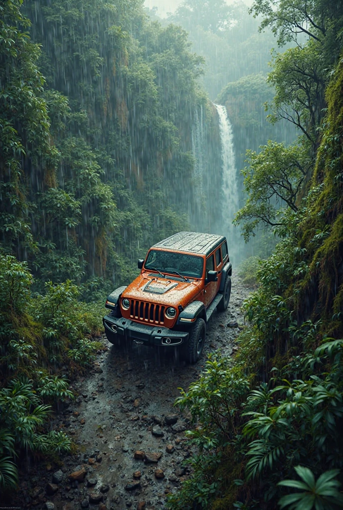a jeep bandeirante green ln a floresta，small stream，Uma planta，Pedra，natureza，scenic view，luz brilhante，Realista e realista，fotografia de，in a panoramic view，4k, fada do dente, coelho