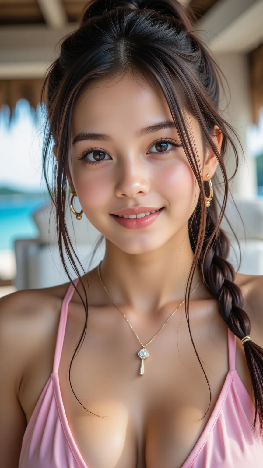 Top-quality Realistic, Official art, Highly detailed CG Unity 8k wallpaper,(masterpiece:1.3), (8k, photorealistic, RAW photo, best quality: 1.4), (1 girl), pretty face, (realistic face), (black hair, medium hair:1.3), beautiful hairstyle, realistic eyes, detailed fine eyes, (realistic skin), beautiful skin, (breasted top), beautiful cleavage, beautiful Mature body, absurd, attractive, super detailed resolution, surreal golden ratio, very detailed, full body, Japanese Idol,(Lemon yellow high cut micro bikini:1.3),BREAK,(Topless style),(micro mini undersized),(Heart shaped necklace),(Triangle ornament earrings),BREAK, (gentle smile like a goddess),((Lie on your back and look up at the sky)),(lie on the white sandy beach),(Waikiki Beach white sandy Beach:1.2),lie position,A fun smile,((sexy model pose)),(close-up),from above,((armpit))