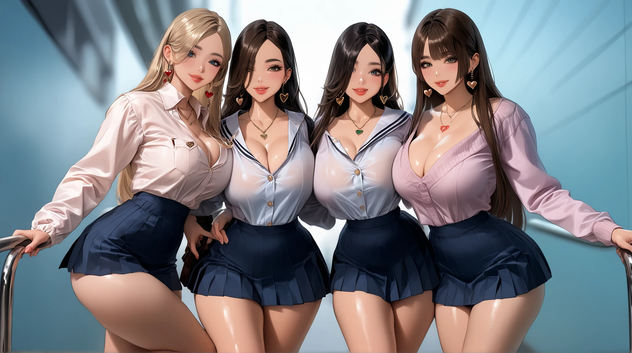 multiple thick body large breasts females wearing rolled up turtle necks sweater showing bare breast and nipples hanging out with (yoga pants pulled down show detailed lace pattern panties), females standing in a line poiting and laughing at camera, grabbing breasts from behind