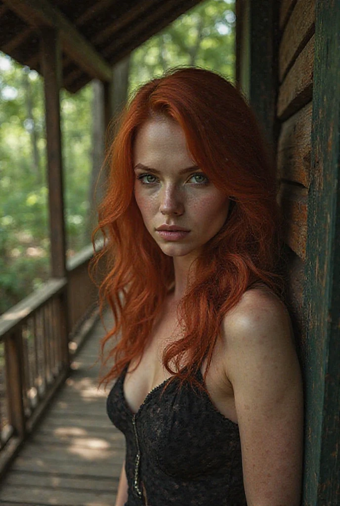 Beautiful, sexy, attractive redhead, (black lingerie with stockings), sexy eyes, (camping), intimate, hot, sensual, on hands and knees, waiting, slutty, wide angle shot, (no extra legs), (No extra arms) night, campfire, tent in background, ((man sitting in background)), perfect face, masterpiece, high quality
