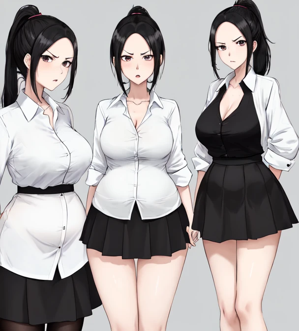 Score_9, Score_8_up, Score_7_up, 1 girl, black hair, black eyes, curvy figure, smile, miniskirt, blouse, black silk stocking, sandals, large bust, front view, looking forward, standing, simple background, white background,