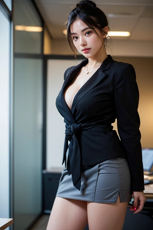 (The ultimate beautiful business woman)、(((Japanese female office lady1name)))、Very beautiful Japanese female OL、((all body:1.5、Depict the whole body:1.4))、Front view、(((Very detailed顔、Perfect Face:1.5)))、(Very friendly smile:1.4、Looking into the camera:1.5)、Lip details、Beautiful Eyes、double eyelid、((Medium Hair))、(Beautiful big breasts exposed:1.4)、Slender and glamorous body、Perfect Professional Portion、(Beautiful and large breasts:1.4、Beautiful large waist:1.4)、smile、White blouse、Grey tight pencil skirt、suit、Narrow waist、Wearing black high heels, Perfect Image Realism, With background: (Bright office of the company:1.5), Cowboy Shot, With background, Attention to detail in costumes, Perfect lighting、Hyperrealism、(Realistic:1.4)、Maximum resolution 8K, (masterpiece), Very detailed, Professional