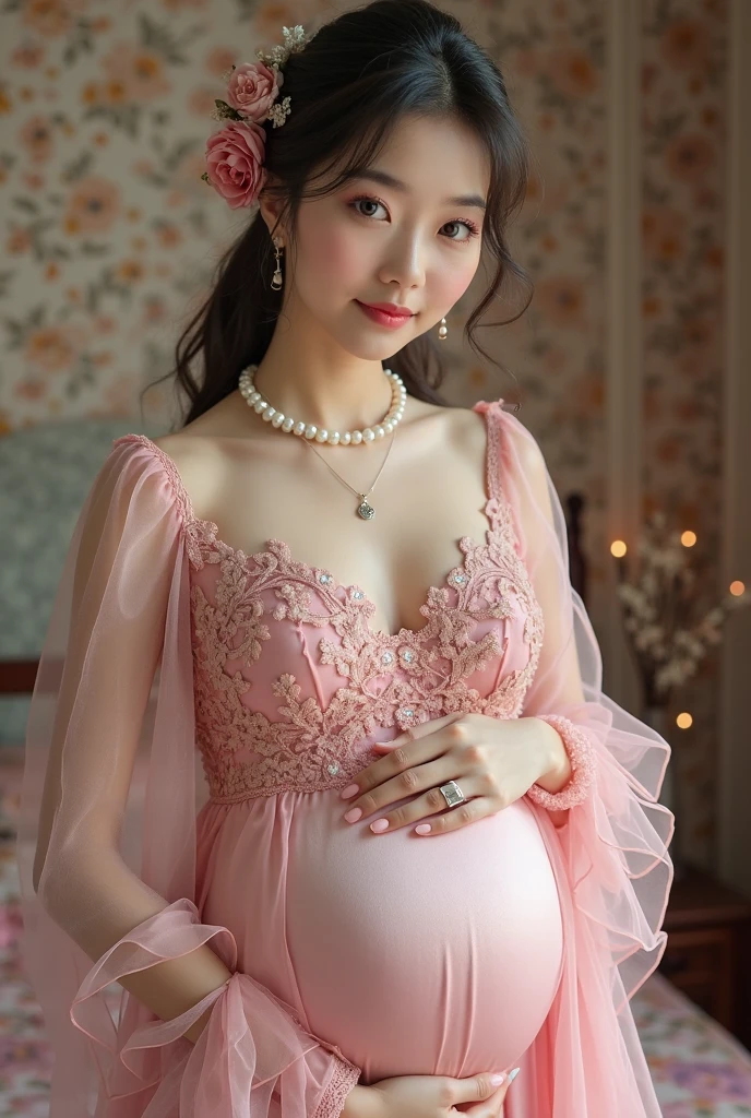 (highest quality、masterpiece、8k、Best image quality、Hyperrealism、Award-winning works)、1 cute lolita princess、(alone:1.1)、(1 photo:1.1)、(Girly and cute luxury light pink lolita princess dress:1.2)、(Cute big ribbon on the chest:1.1)、(The most extravagant and luxurious giant princess tiara:1.1)、(Huge jewellery:1.1)、(The most luxurious and finest giant princess jewelry necklace:1.1)、(A top-notch Lolita princess dress with intricate jewelry details:1.2)、(Very intricate and detailed lace decoration:1.1)、(A very intricate and elaborately decorated dress:1.1)、(The most extravagant Lolita princess dress with cute frills and ribbons:1.1)、(The most gorgeous Lolita princess dress with lovely lace decoration:1.1)、(Cute girly lolita wavy hair:1.1)、(Short:1.1)、(height: 140cm:1.1)、(Very large breasts:1.2)、(Cleavage:1.1)、Lots of cute frills、Accentuate your body lines、Slender body、Standing Elegantly、(Beautiful gorgeous palace cathedral background:1.2)、(very bright and vivid:1.1)、(Bright and shiny dress:1.2)、Standing Elegantly少女、Accurate anatomy、Perfect Makeup、Long eyelashes、Glossy Lips、Ultra HD glossy skin、(Ultra-high resolution, bright and beautiful skin:1.3)、超高精細のGlossy Lips、Ultra-high resolution beautiful teeth、Ultra HD beautiful light brown hair、(Big belly in late pregnancy:1.2)、(Body facing forward:1.1)、(Front view:1.1)、(glitter dress:1.3)