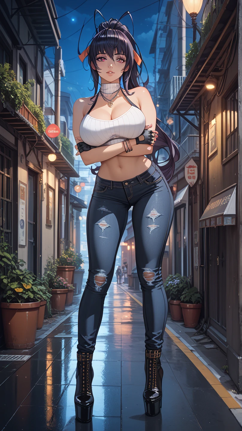1girl, solo, sharp nose, reddish mouth, blush, eye-catching lips, shonen style, wide eyes, happy, cute look, neon lighting:0.8, scenery, (underbuttocks:0.9), purple hair, bangs, pixie cut, ahoge, (profile), (feet out of frame), gray jumpsuit, black sweatpants, (thin face), ((sharp focus)), (((masterpiece))), (detailed clothing:1.3), (detailed body:1.2), ((perfect face)), ((perfect nose)), ((perfect eyes))