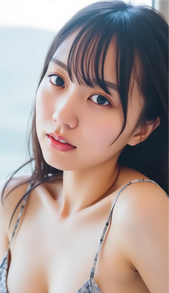 Highest quality, (beautiful)、Micro Bikini、Larger breasts、Brown Hair、looking at the camera、Beach、Sleeping on your stomach、Close-up、Place your hand on your cheek、Embarrassed